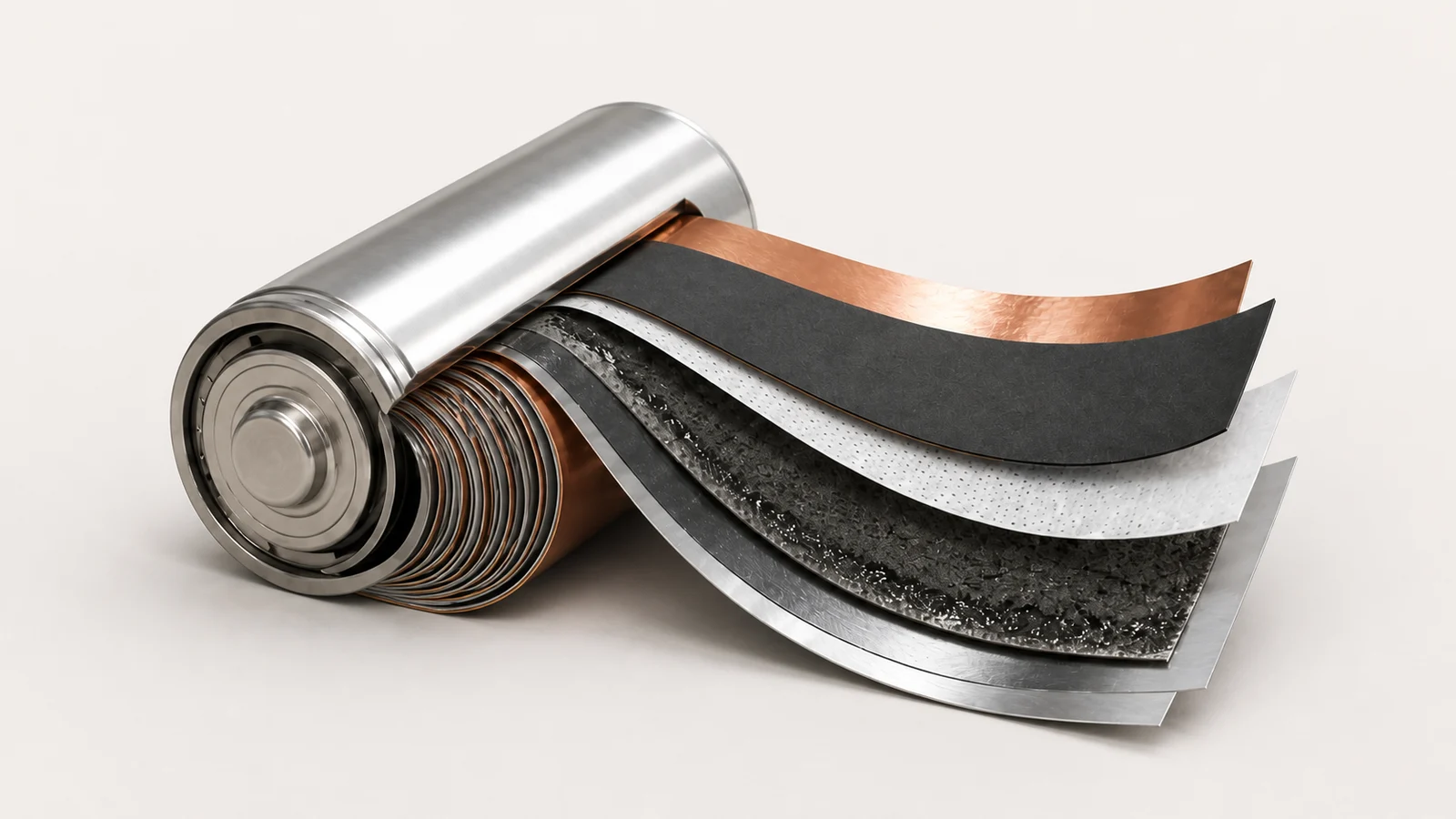 Opened cylindrical lithium-ion cell with its internal electrode, separator, and current-collector layers unrolled
