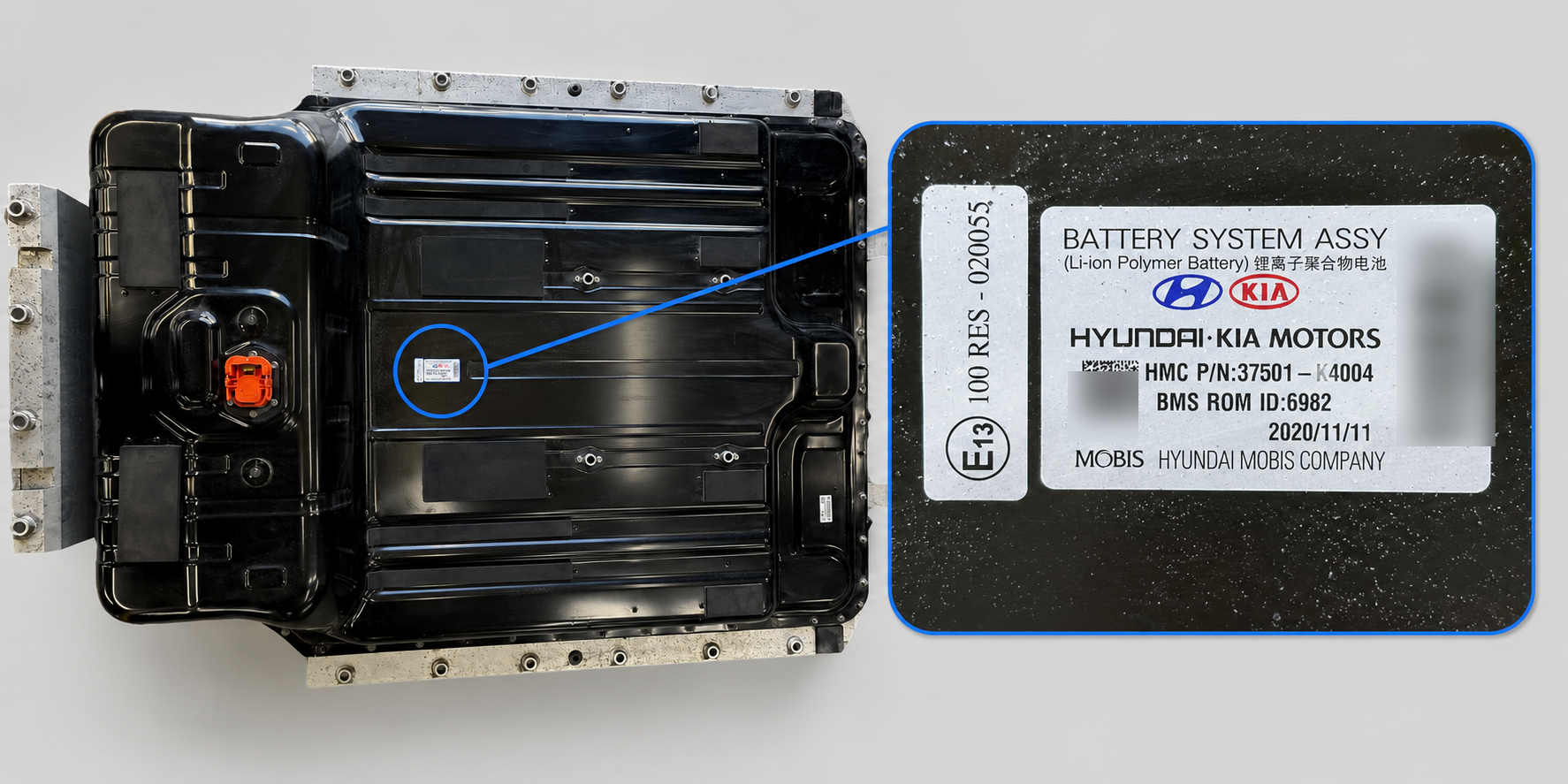 EV battery pack label with barcode and part number fields