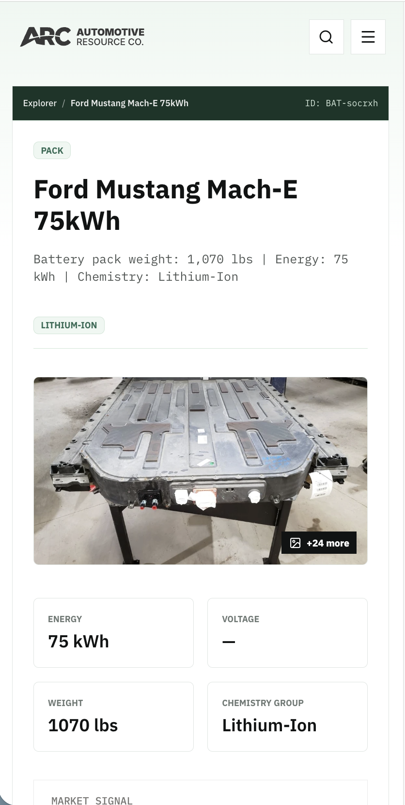 Mobile Explorer record for the Ford Mustang Mach-E 75 kWh battery showing its pack photo, energy, weight, and lithium-ion chemistry group