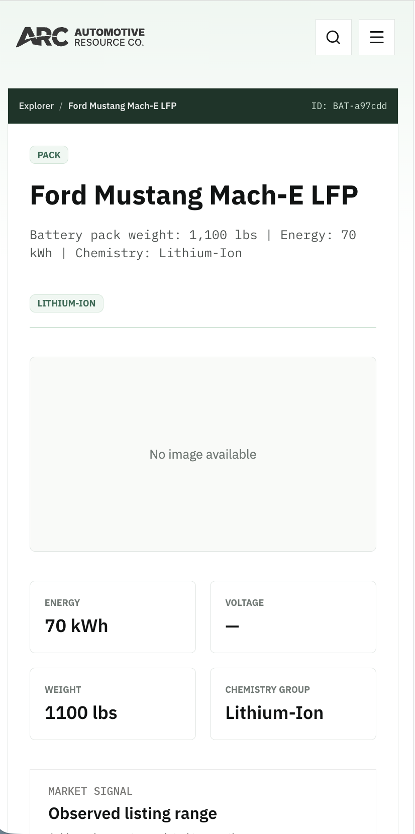 Mobile Explorer record for the Ford Mustang Mach-E LFP battery showing its energy, weight, lithium-ion chemistry group, and unavailable-image state