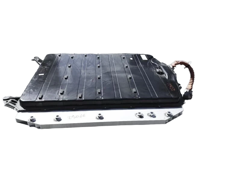 Side exterior view of a Subaru Solterra EV battery pack showing the enclosure, mounting structure, and high-voltage cable